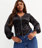 New Look Curves Black Satin Zip Front Blouse